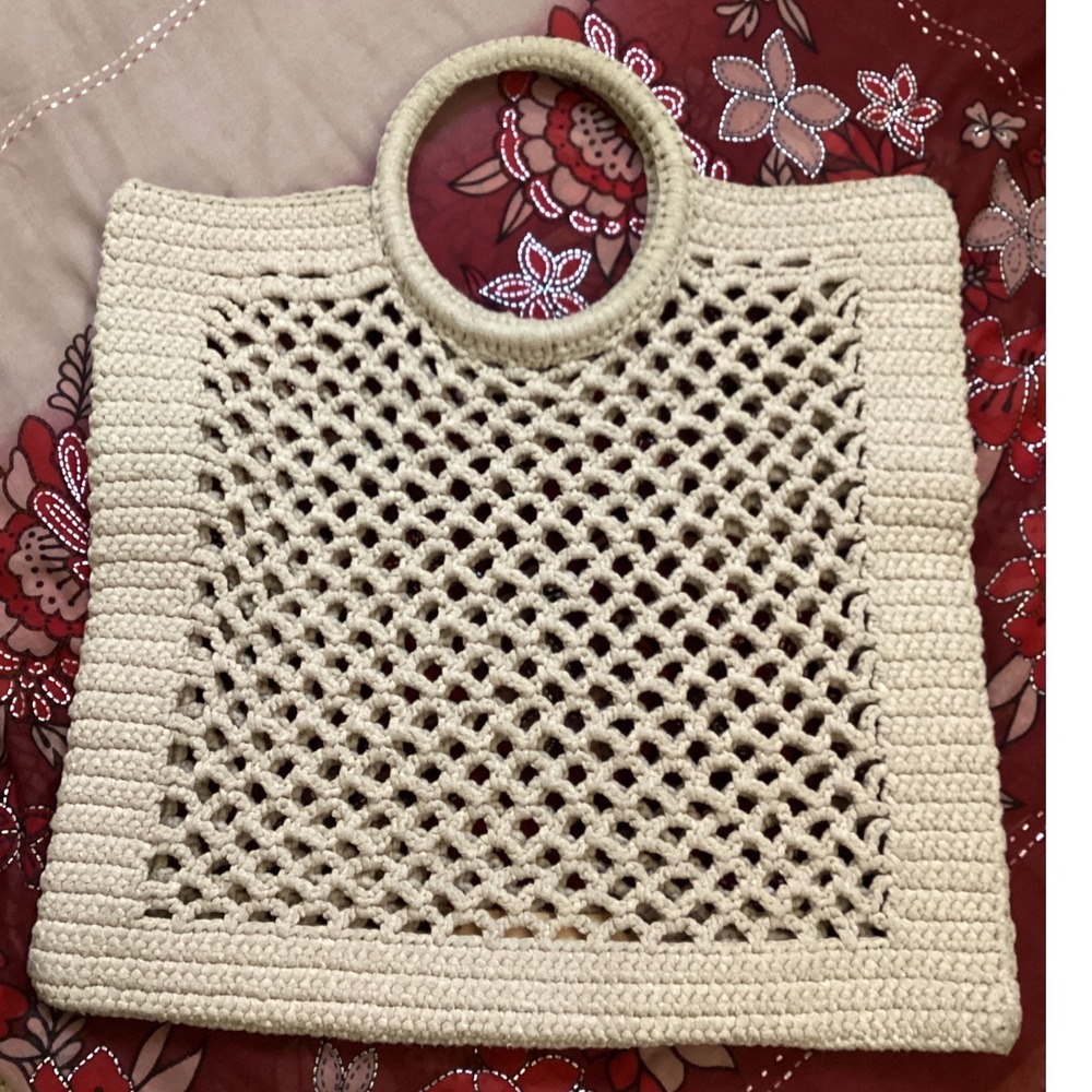 Mizele‎ Crochet Tote Bag Cream Handmade Boho Net Top Handle Bag